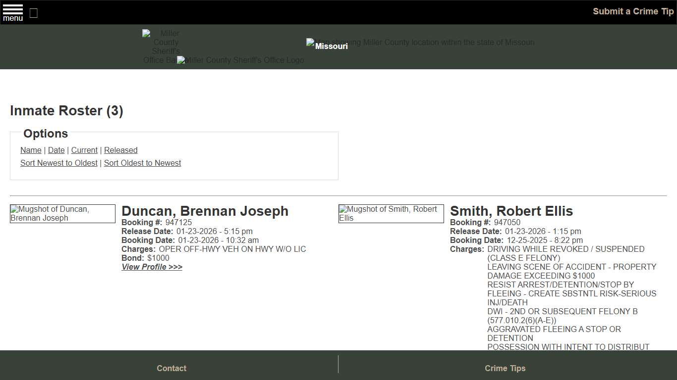 Inmate Roster - Released Inmates Booking Date Descending - Miller County Sheriff MO